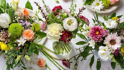 Beautiful spring flowers bouquets in glass vases on festive table