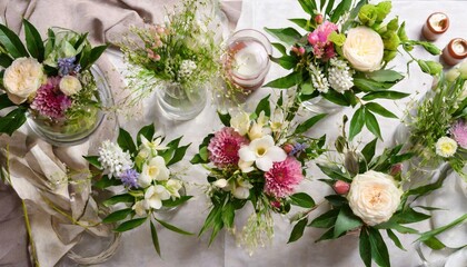 Beautiful spring flowers bouquets in glass vases on festive table