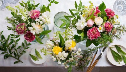 Beautiful spring flowers bouquets in glass vases on festive table