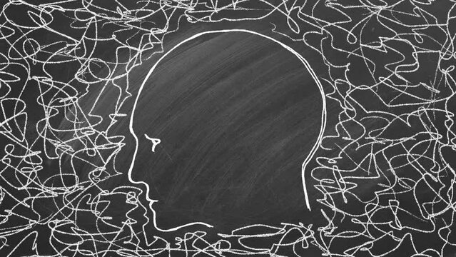 Silhouette of human head with tangled line outside. Animated illustration on chalkboard. Concept of personality disorder and depression, chaotic thinking, confusion, finding solution