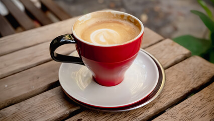 Latte coffee in red coffee cup on wooden table