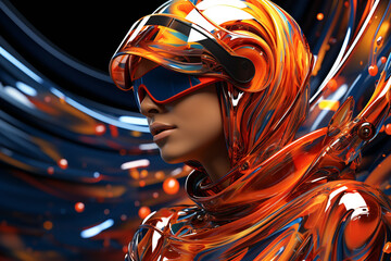 Young woman in VR headset and a futuristic suit made of fluid, plastic, tight-fitting material, virtual reality, colored whirlwind