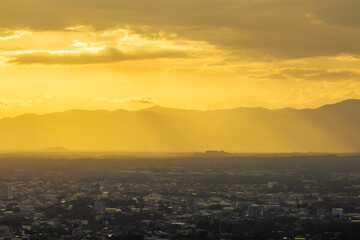 Natural wallpapers (mountains, morning light, fog, trees) scattered around, Lanscape background of fresh air and fresh air.