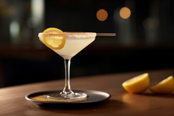 Citrusy cocktail with tangy lemon twist and a sugar rimmed glass. Generative AI