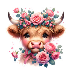 Cute Highland Cow  Flowers. Animal Pink Roses Illustration 