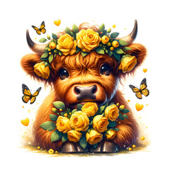 Cute Highland Cow  Flowers. Animal Yellow Roses Illustration 