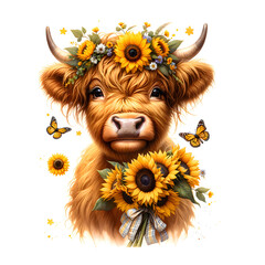 Cute Highland Cow Summer Flowers. Animal Sunflowers Illustration 
