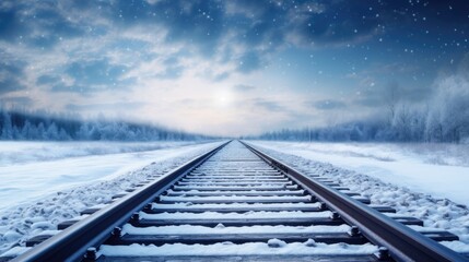 Empty railway tracks in snowy winter landscape