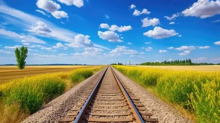Zelfklevend Fotobehang Empty railway tracks in a summer landscape © GulArt