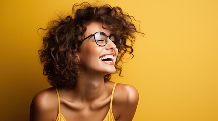 A happy tanned curly-haired girl on a yellow background.