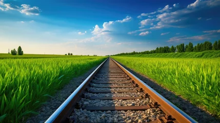 Poster Empty railway tracks in a summer landscape © GulArt