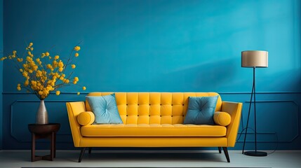 A yellow sofa with large blue cushions against a blue wall.