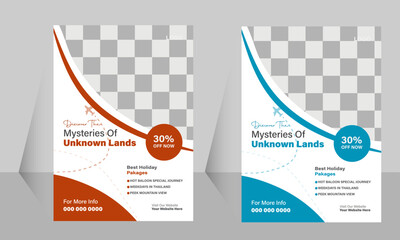 Travel agency flyer of a bundle of 2 templates of different colors a4 flyer template design set. 