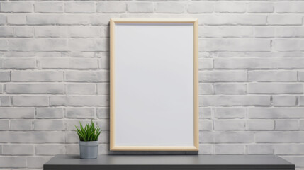 Poster or photography frame mockup on the gray brick wall in a modern home interior with a table and house plant
