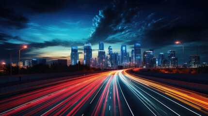 Light flow of traffic on a nighttime highway in a city with modern high buildings