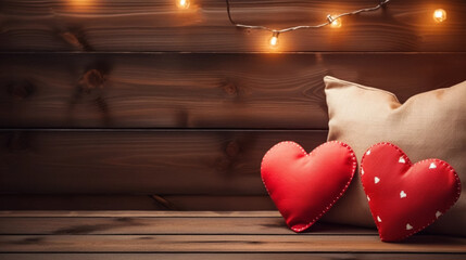 Valentine's card mockup with sewn pillow hearts on rustic wooden bank, traditional tirol atmosphere. Copy space for banner. Copy space for banner. Beautiful background design for a valentine’s card, g