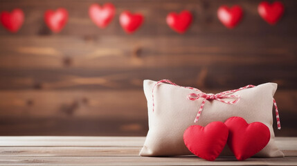 Valentine's card mockup with sewn pillow hearts on rustic wooden bank, traditional tirol atmosphere. Copy space for banner. Copy space for banner. Beautiful background design for a valentine’s card, g - obrazy, fototapety, plakaty