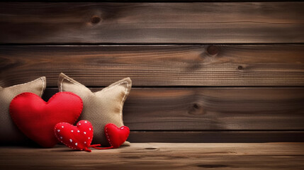 Valentine's card mockup with sewn pillow hearts on rustic wooden bank, traditional tirol atmosphere. Copy space for banner. Copy space for banner. Beautiful background design for a valentine’s card, g - obrazy, fototapety, plakaty
