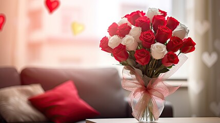 Valentine's Day Red Flower Bouquet Balloon Romantic Blurry Background
