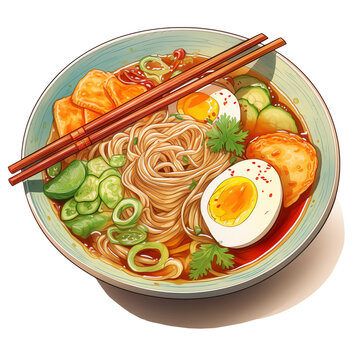 Ramen noodles soup watercolor illustration Japanese dish png isolated on a transparent background, clipart 
 