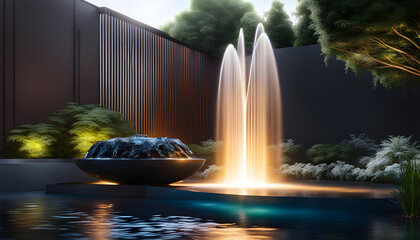 modern design water feature fountain waterfall in the form of a wide banner with copy space, garden landscape design concept, - obrazy, fototapety, plakaty