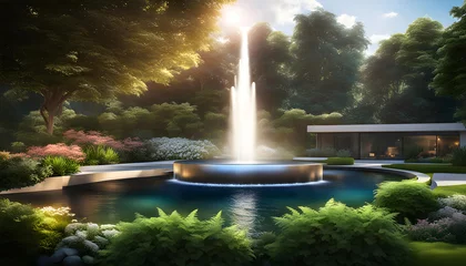 Fototapeten modern design water feature fountain waterfall in the form of a wide banner with copy space, garden landscape design concept, © Perecciv