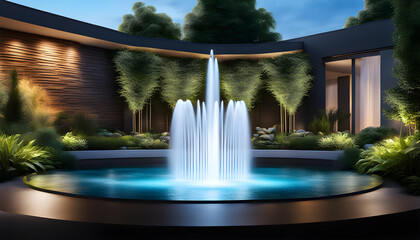 modern design water feature fountain waterfall in the form of a wide banner with copy space, garden landscape design concept,