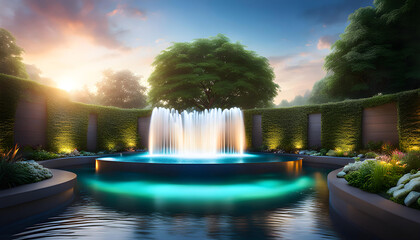 modern design water feature fountain waterfall in the form of a wide banner with copy space, garden landscape design concept, - obrazy, fototapety, plakaty