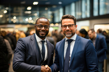Two smiling businessmen in suits shaking hands at a corporate networking event, exuding professionalism and partnership. - obrazy, fototapety, plakaty