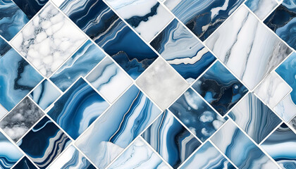 Abstract blue and white marble stone, geometric rectangular marble mosaic background texture,