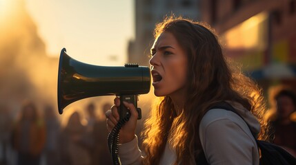 Loud and Proud, Activism: Woman Leading the Protest with Megaphone. Climate, Earnings or gender problems. - obrazy, fototapety, plakaty