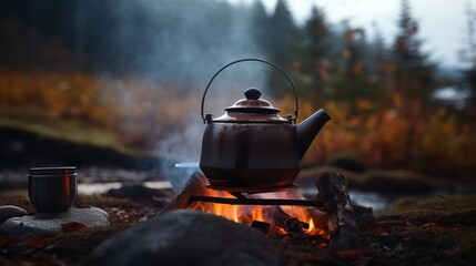 Camping in the mountains. An alternative source for cooking at home during a power outage. - obrazy, fototapety, plakaty