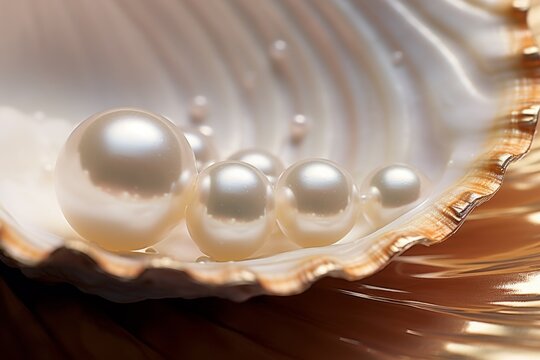 Natural pearls cradled within the unblemished shell of a mollusk close up