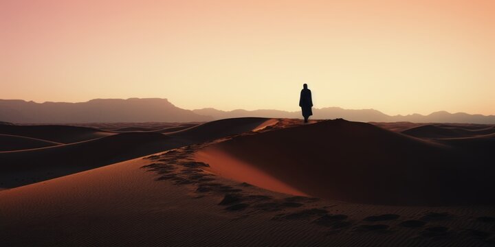 Mystical Oasis: Woman Silhouetted Against the Saharan Landscape - Powered by Adobe