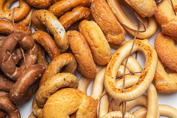 A mix of crunchy Sushki on strings for selling on the street market. Traditional Russian Snack