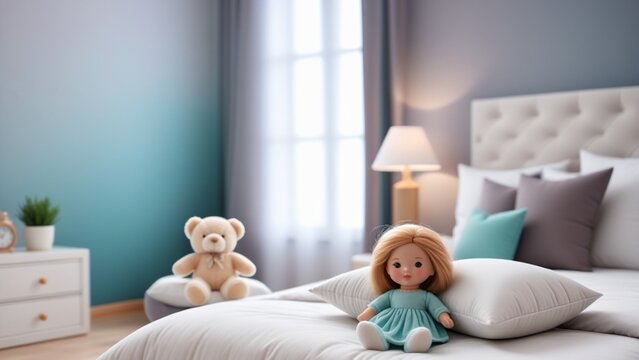 Blurred bedroom with pillows and doll background
