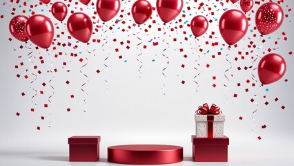 Podium with red balloons with gift box and confetti on white background