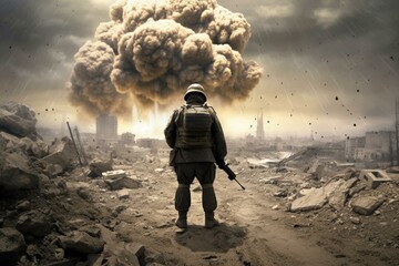 Soldier amidst weapon, bomb blasts, nuclear blast, war zone. Generative AI