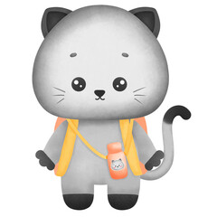 Gray cat standing with school bag and flask