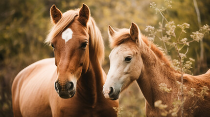 Fototapeta premium Two horses, one tan and one palomino, stand side by side in a field with wildflowers.