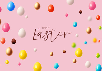 Happy Easter! Holiday background with colorful eggs. Easter eggs on pink background.