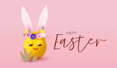 Happy Easter! Holiday background with cute smiling egg with rabbit ears and flowers. Easter bunny and eggs on pink background.