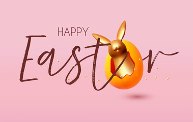 Happy Easter! Holiday background with cute bunny in golden egg. Easter rabbit and eggs on pink background.