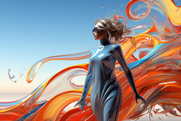 Young woman in a futuristic suit made of fluid, plastic, tight-fitting material, virtual reality, colored whirlwind, blue sky