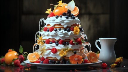 A symphony of sliced oranges and berries adorned with delicate whipped cream, arranged against a backdrop of gently cascading water for a serene and refreshing vibe.