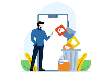 Concept of character cleaning cell phone from junk files. people delete documents with software. Users delete folders with documents, photos, videos, games to the trash, clear the cache. vector.