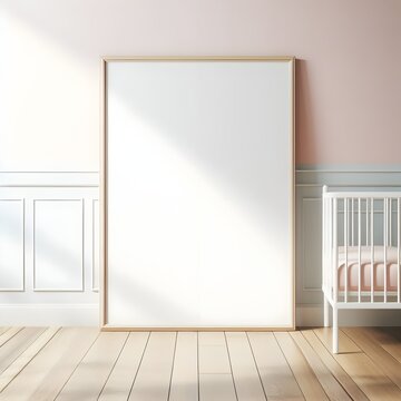 Mockup frame empty copy space of wooden frame closeup in Children baby Child nursery interior room, pastel color wall , Boho, Cozy, Scandinavian, minimal decorative, blank space photo frame