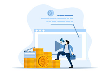 Video monetization concept, man makes money online from videos. content creators who are successful at monetizing videos. earn money on the internet, earn income online. Flat vector illustration.