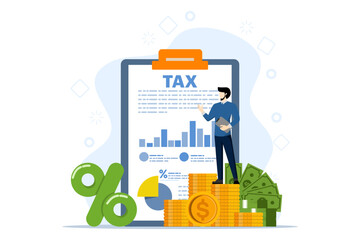 tax refund concept, businessman cuts big taxes, tax reduction, optimization, tasks, financial accounting. Flat vector illustration on white background.