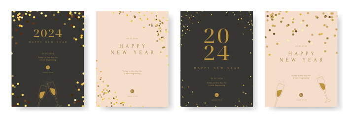 Happy New Year, Merry Christmas poster set. Gold confetti tinsel greeting card, Winter holiday invite, Brochure voucher template. Elegance festive. Minimal simple style. Flat vector illustration. - obrazy, fototapety, plakaty